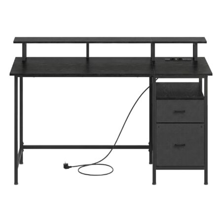 Skrivebord med stofskuffer, skærmhylde og LED-lys 135 × 55 × 90 cm - ibenholt sort