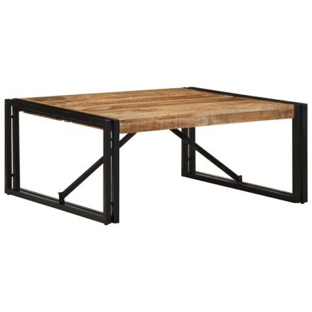 Sofabord 80 × 80 × 35 cm i massivt ru mangotræ - firkantet med sort jernstel