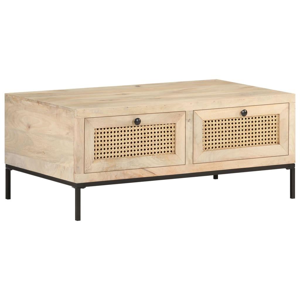 Sofabord 90×50×37 cm i massivt mangotræ med rørflet og stålstel Sofabord 90×50×37 cm i massivt mangotræ med rørflet og stålstel