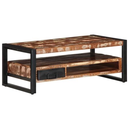 Sofabord i massivt genbrugstræ 90×50×36 cm - flerfarvet, industrielt stel i jern