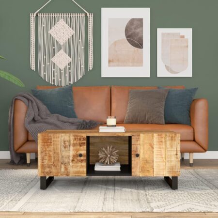 Sofabord i massivt mangotræ - 100 × 54 × 40 cm, med opbevaring og metalben