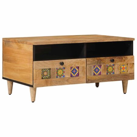 Sofabord i massivt mangotræ - naturfarvet 80 × 54 × 40 cm med 2 skuffer
