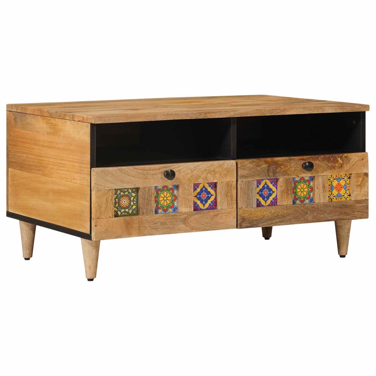 Sofabord i massivt mangotræ - naturfarvet 80 × 54 × 40 cm med 2 skuffer Sofabord i massivt mangotræ - naturfarvet 80 × 54 × 40 cm med 2 skuffer