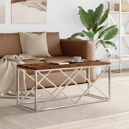 Sofabord i rustfrit stål med bordplade af massivt genbrugstræ - 110 × 45 × 45 cm
