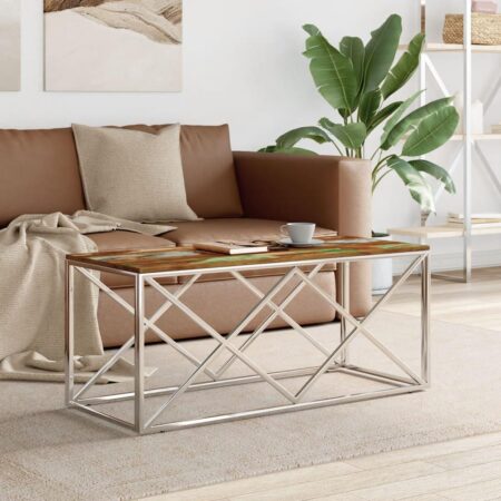 Sofabord i rustfrit stål med bordplade i massivt genbrugstræ - 110 × 45 × 45 cm, sølvfarvet stel