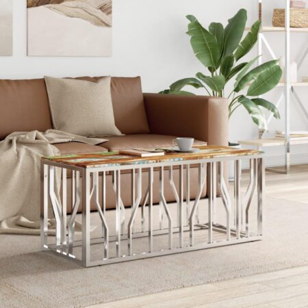 Sofabord i rustfrit stål og massivt genbrugstræ - sølvfarvet, 110 × 45 × 45 cm
