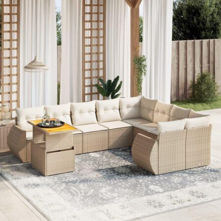 Sofasæt til haven 10 dele i polyrattan med hynder og hæve-sænke bord - beige