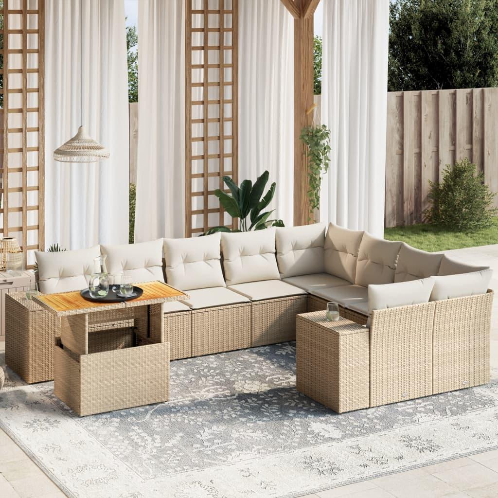 Sofasæt til haven 10 dele i polyrattan med hynder og hæve-sænke-bord - beige Sofasæt til haven 10 dele i polyrattan med hynder og hæve-sænke-bord - beige