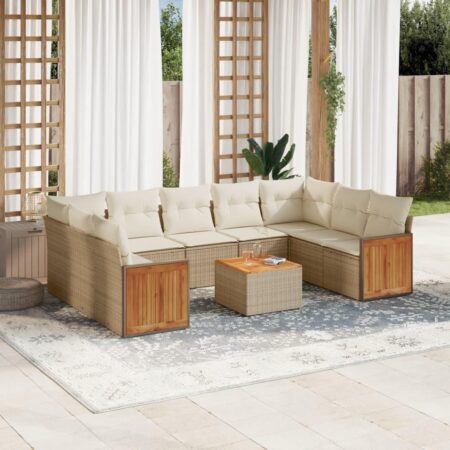 Sofasæt til haven 10 dele med hynder og bord i polyrattan beige