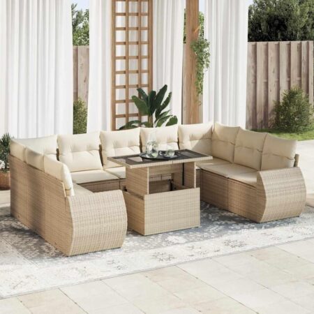Sofasæt til haven 10 dele med hynder og justerbart bord i polyrattan beige