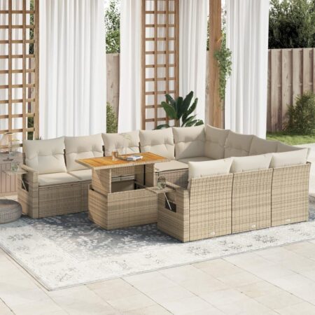 Sofasæt til haven 11 dele med hynder og bord i polyrattan beige