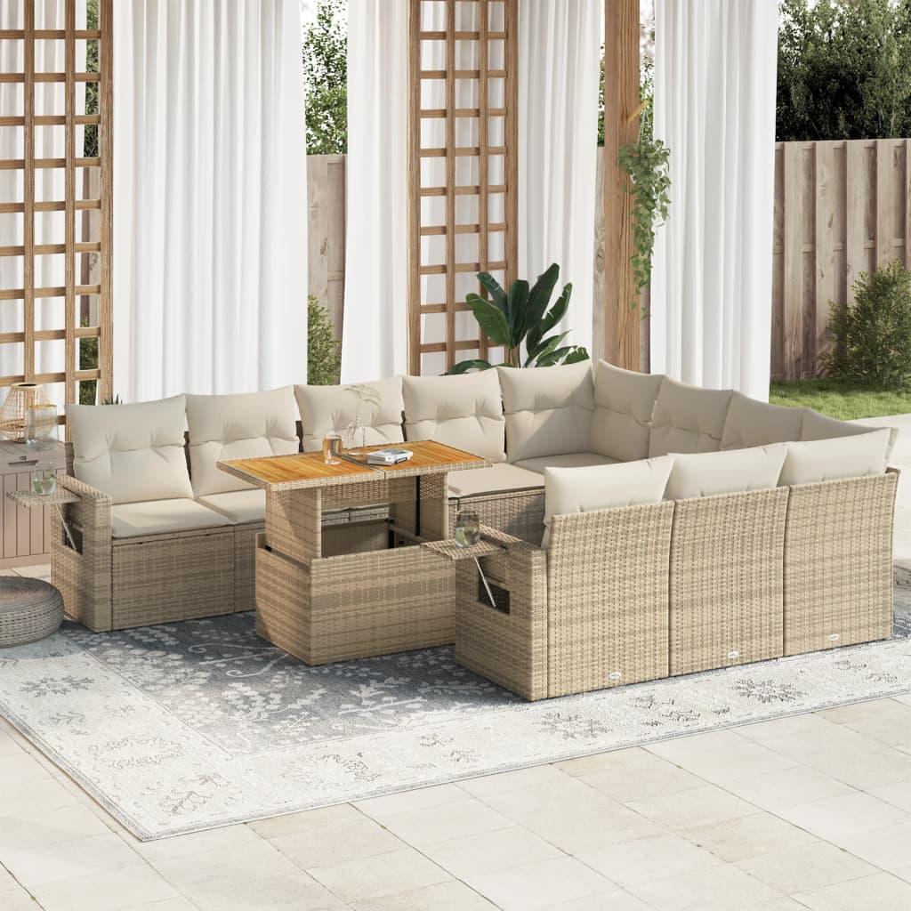 Sofasæt til haven 11 dele med hynder og bord i polyrattan beige Sofasæt til haven 11 dele med hynder og bord i polyrattan beige