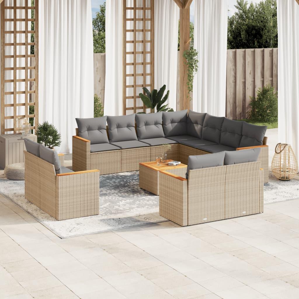 Sofasæt til haven - 12 dele i beige polyrattan med hynder og bord Sofasæt til haven - 12 dele i beige polyrattan med hynder og bord