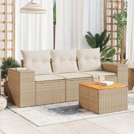Sofasæt til haven 4 dele med hynder og bord i polyrattan beige