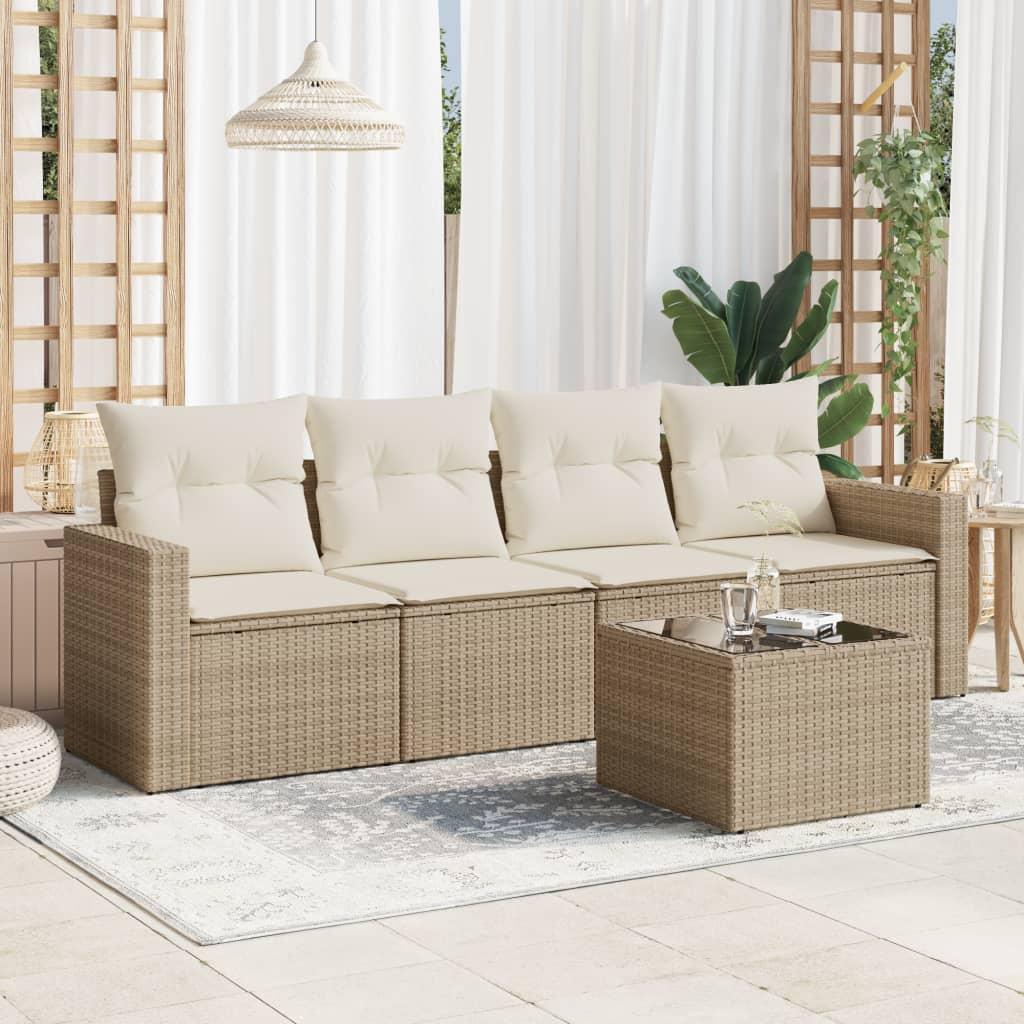 Sofasæt til haven 5 dele i polyrattan med hynder og bord - beige Sofasæt til haven 5 dele i polyrattan med hynder og bord - beige