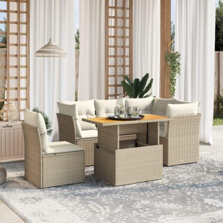 Sofasæt til haven 5 dele i polyrattan med hynder og hæve-sænke bord - beige