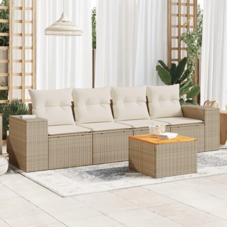 Sofasæt til haven 5 dele med hynder og bord i polyrattan beige