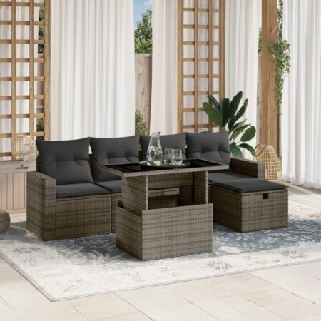 Sofasæt til haven - 6 dele i grå polyrattan med hynder og hæve/sænke-bord