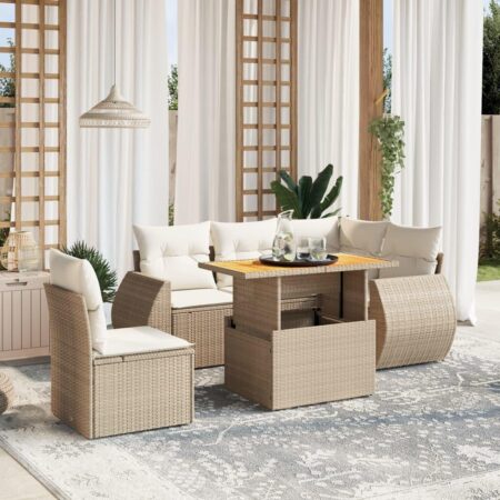 Sofasæt til haven 6 dele i polyrattan med hynder og hæve-sænke bord - beige