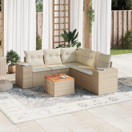Sofasæt til haven 6 dele med hynder i polyrattan og bord - beige