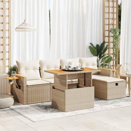 Sofasæt til haven 6 dele med hynder og bord i polyrattan - beige