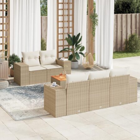 Sofasæt til haven 6 dele med hynder og bord i polyrattan beige