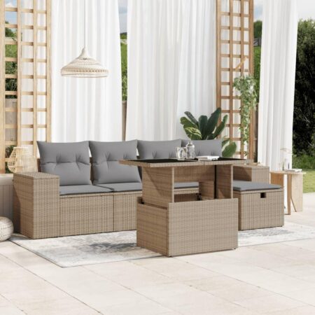 Sofasæt til haven 6 dele med hynder og bord i polyrattan beige