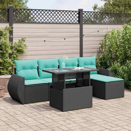 Sofasæt til haven 6 dele med hynder og bord i polyrattan - sort