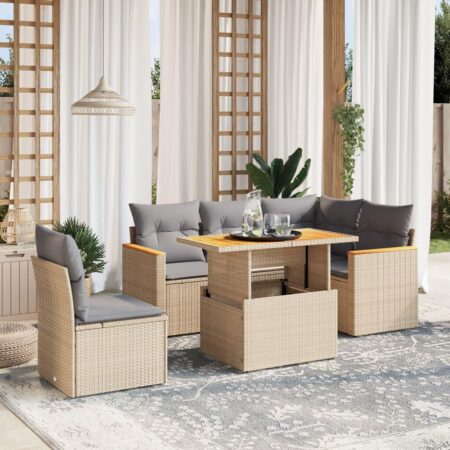 Sofasæt til haven 6 dele med hynder og justerbart bord i polyrattan beige