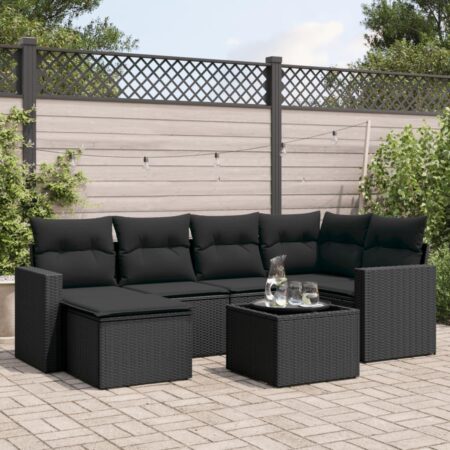 Sofasæt til haven 7 dele i polyrattan med hynder og bord - sort