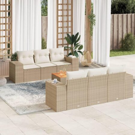 Sofasæt til haven 7 dele med hynder i polyrattan og bord - beige