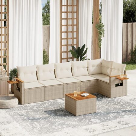 Sofasæt til haven 7 dele med hynder og bord i polyrattan beige