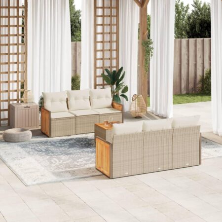 Sofasæt til haven 7 dele med hynder og bord i polyrattan - beige