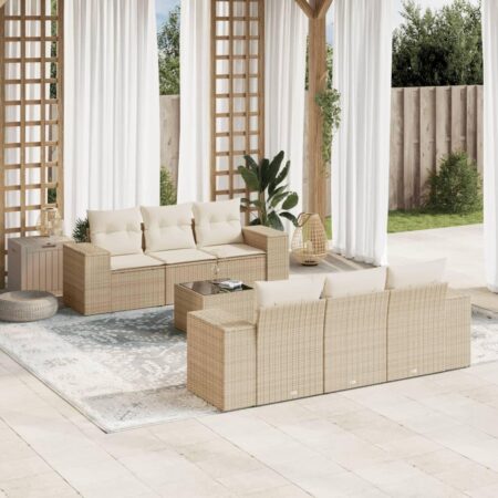Sofasæt til haven 7 dele med hynder og bord i polyrattan beige