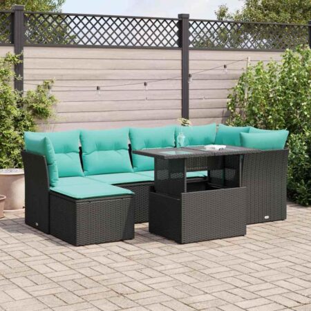 Sofasæt til haven 7 dele med hynder og bord i polyrattan sort/blå