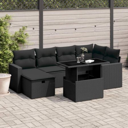 Sofasæt til haven 7 dele med hynder og hæve-sænke bord i polyrattan sort