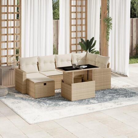 Sofasæt til haven 7 dele med hynder og justerbart bord i polyrattan - beige