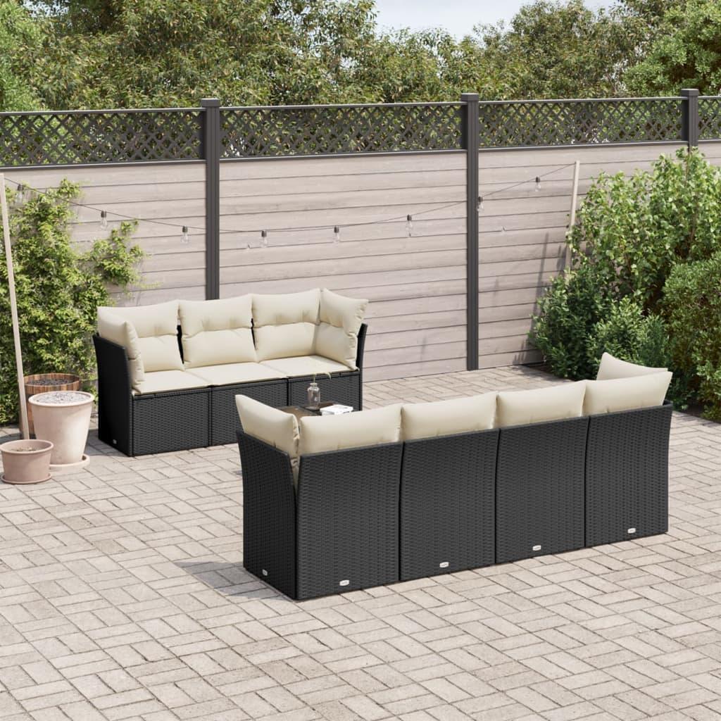 Sofasæt til haven 8 dele med hynder og bord i polyrattan sort Sofasæt til haven 8 dele med hynder og bord i polyrattan sort