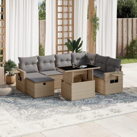 Sofasæt til haven 8 dele med hynder og hæve-sænke-bord i polyrattan - beige