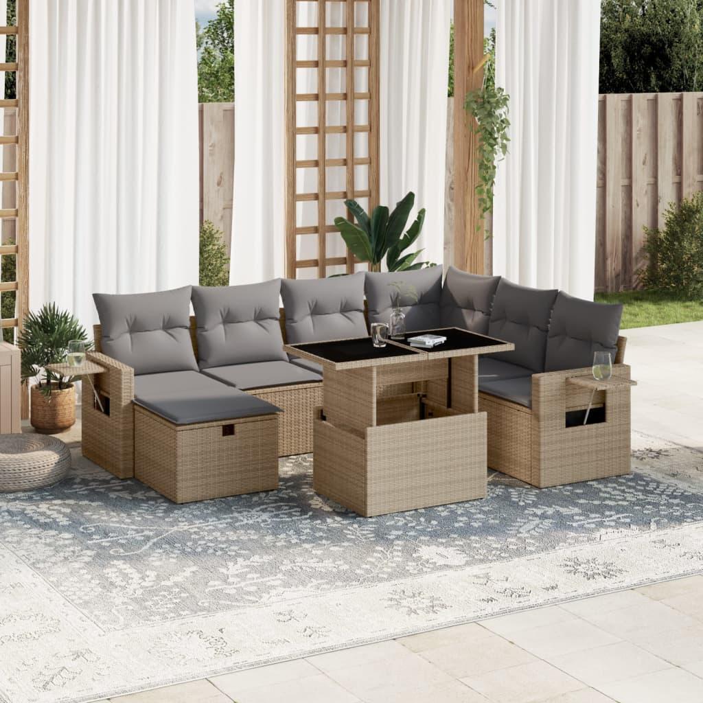 Sofasæt til haven 8 dele med hynder og hæve-sænke-bord i polyrattan - beige Sofasæt til haven 8 dele med hynder og hæve-sænke-bord i polyrattan - beige