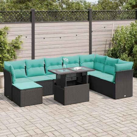 Sofasæt til haven 9 dele i polyrattan med hynder og bord - sort/blå