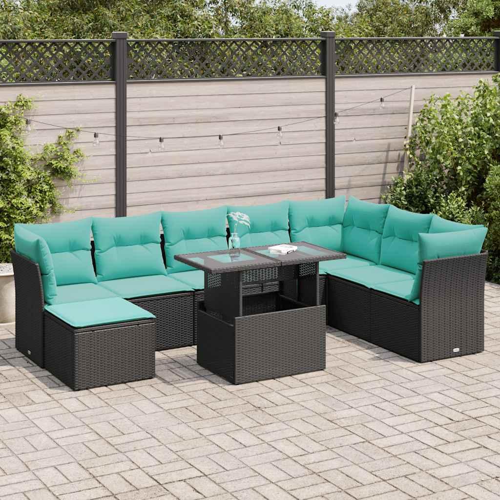 Sofasæt til haven 9 dele i polyrattan med hynder og bord - sort/blå Sofasæt til haven 9 dele i polyrattan med hynder og bord - sort/blå