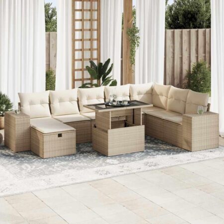 Sofasæt til haven 9 dele med hynder og bord i beige polyrattan