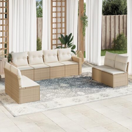 Sofasæt til haven 9 dele med hynder og bord i polyrattan beige