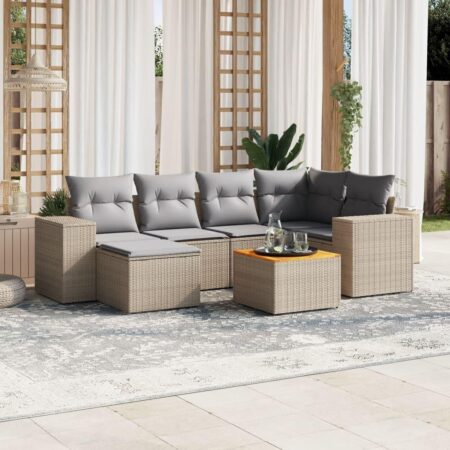 Sofasæt til haven i polyrattan - 7 dele med hynder og bord, beige