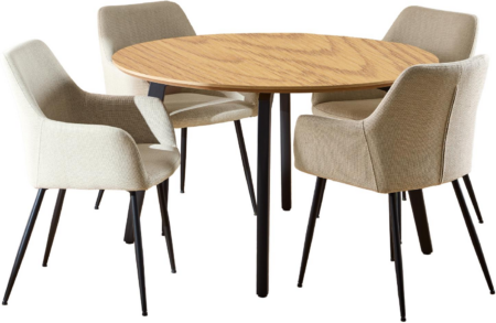 Spisebordssæt Signature Cavo rundt Ø120 med 4 polstrede stole i Basel-stof beige, eg-look bordplade og mat sort stel