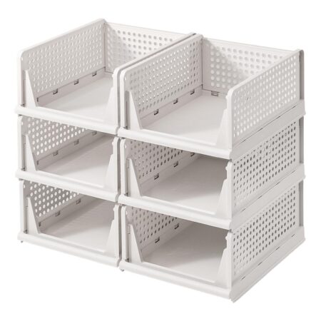 Stabelbare opbevaringskasser med udtræk, foldbare, 6 stk., 33 x 43 x 18,5 cm, hvid
