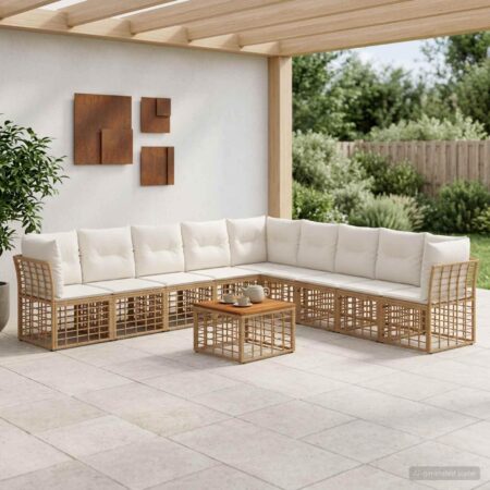 Udendørs sofagruppe 10 dele i polyrattan med bord - naturlig og cremehvid