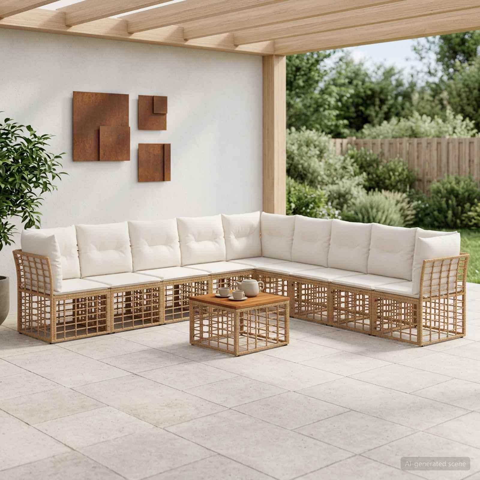 Udendørs sofagruppe 10 dele i polyrattan med bord - naturlig og cremehvid Udendørs sofagruppe 10 dele i polyrattan med bord - naturlig og cremehvid