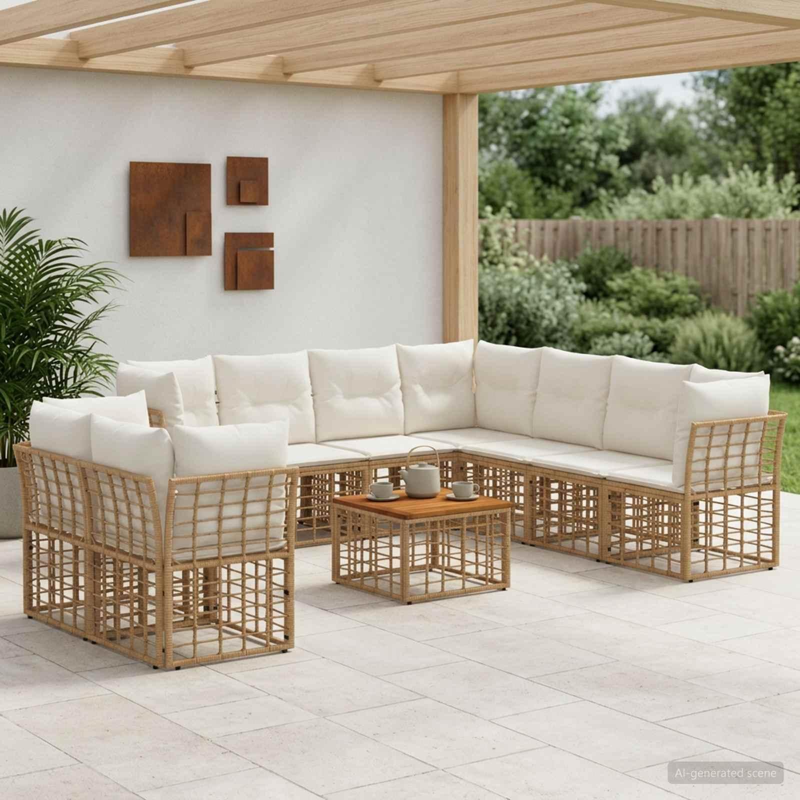 Udendørs sofagruppe 10 stk. i polyrattan med bord - naturlig og cremehvid Udendørs sofagruppe 10 stk. i polyrattan med bord - naturlig og cremehvid
